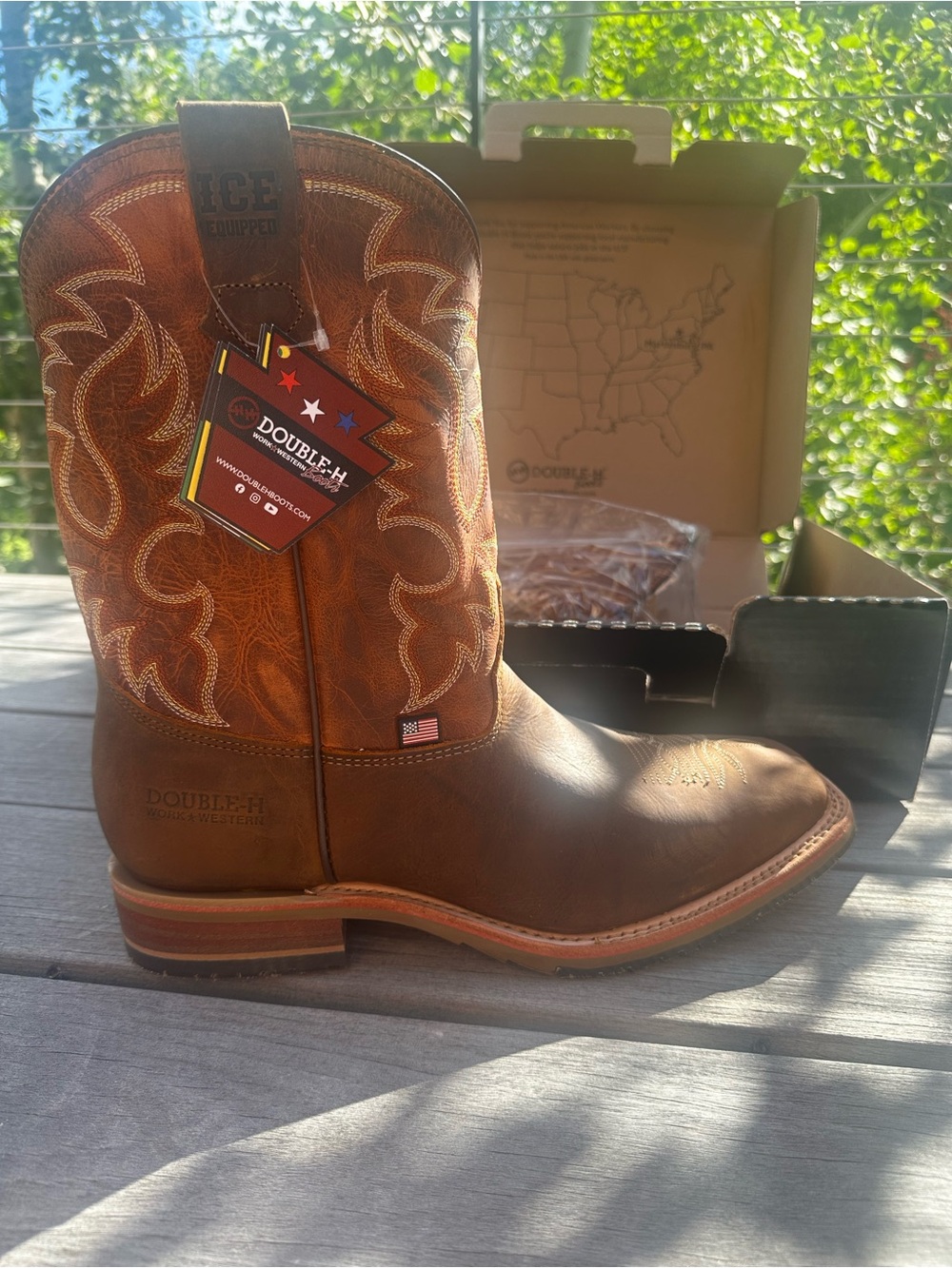 Double H Brown Tan Leather Western Work Boot with Embroidered Shaft